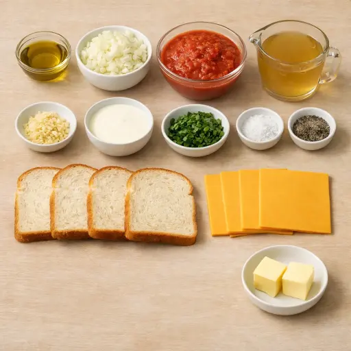 Ingredients for Creamy Tomato Basil Soup with Grilled Cheese
