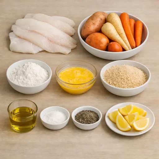 Ingredients for Crispy Herb-Crusted Fish and Root Vegetable Fries