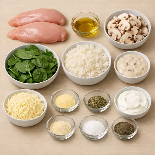 Ingredients for Easy Creamy Spinach & Mushroom Chicken Casserole