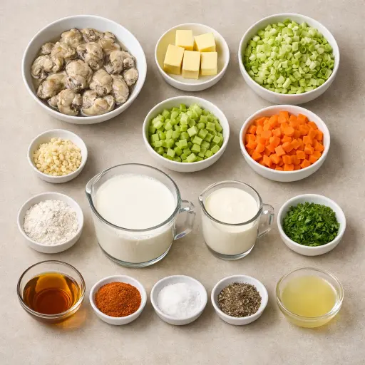 Ingredients for Elegant Chesapeake Oyster Stew with Aromatic Vegetables