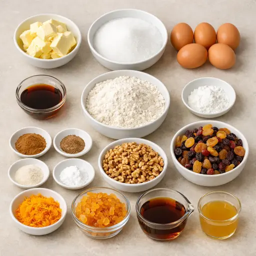 Ingredients for Festive Harvest Fruit Cake