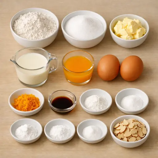 Ingredients for Fluffy Orange Almond Cake