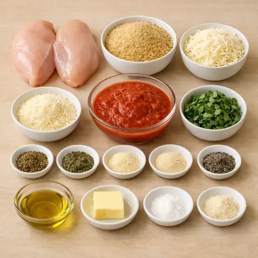 Ingredients for Garden Herb Chicken Parmesan Casserole