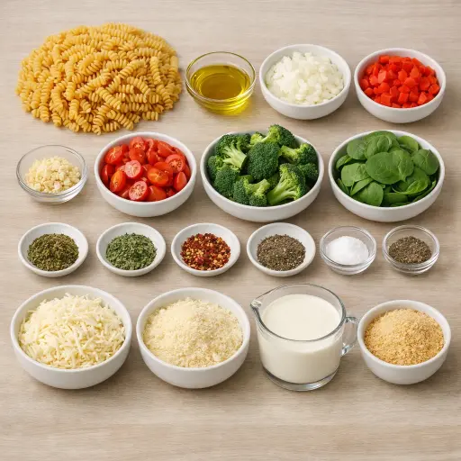 Ingredients for Garden Vegetables Pasta Casserole
