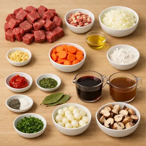 Ingredients for Gourmet Beef Bourguignon with Smoky Bacon