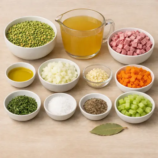 Ingredients for Gourmet Split Pea Soup with Rosemary-Infused Ham