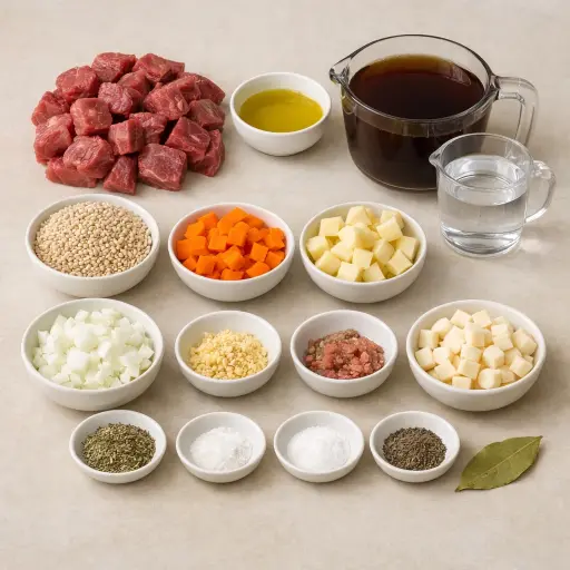 Ingredients for Hearty Beef and Barley Soup with Root Vegetables