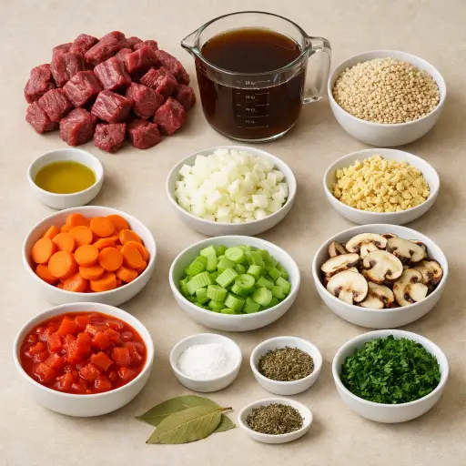 Ingredients for Hearty Beef Barley Soup with Vegetables