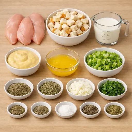 Ingredients for Hearty Chicken and Bread Dressing Bake