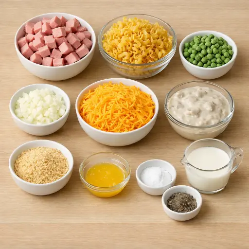 Ingredients for Hearty Ham and Noodle Bake