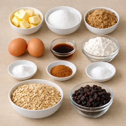 Ingredients for Hearty Oatmeal Raisin Cookies