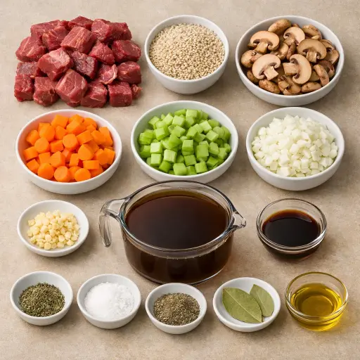 Ingredients for Hearty Slow Cooker Beef and Mushroom Barley Soup