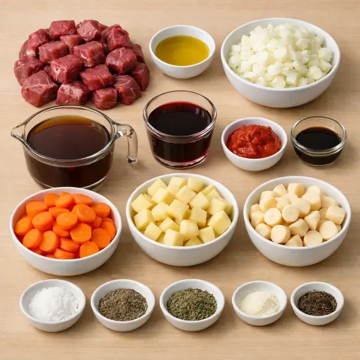 Ingredients for Hearty Winter Beef Stew with Root Vegetables