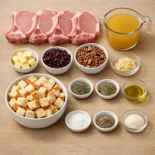 Ingredients for Herb-Crusted Baked Pork Chops with Cranberry Pecan Stuffing