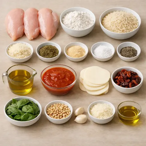 Ingredients for Herb-Crusted Chicken Parmesan with Sun-Dried Tomato Pesto