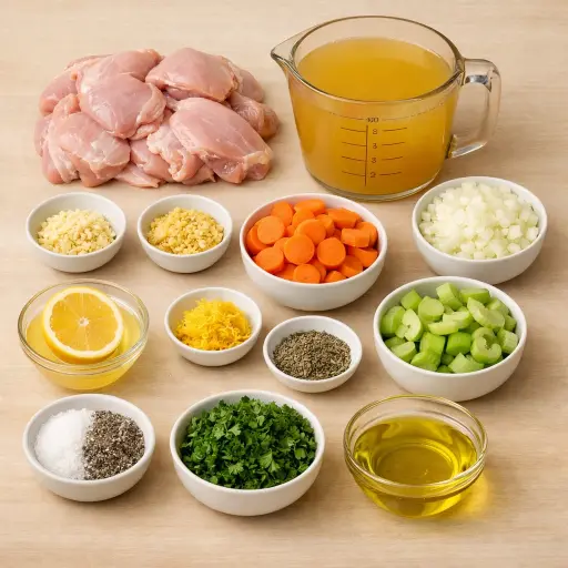 Ingredients for Herb-Infused Chicken Soup with Lemon and Ginger