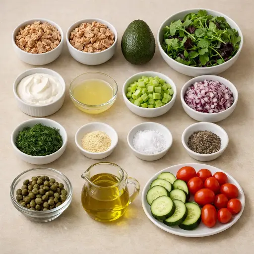 Ingredients for Herb-Infused Tuna Salad with Avocado Dressing