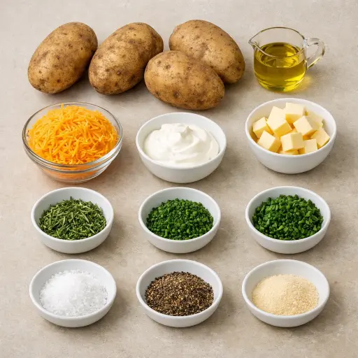 Ingredients for Herb Infused Twice-Baked Potatoes with Cheese