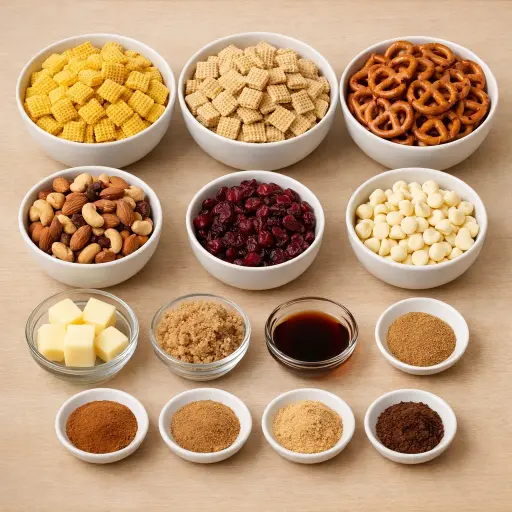 Ingredients for Holiday Spice Chex Mix