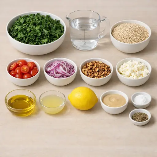 Ingredients for Kale and Quinoa Salad with Lemon-Tahini Dressing