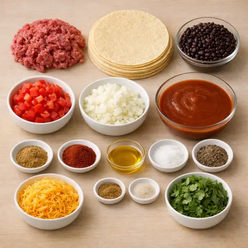 Ingredients for Layered Beef & Black Bean Enchilada Casserole