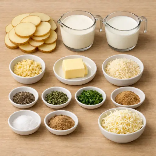 Ingredients for Layered Herb Scalloped Potatoes with Creamy Garlic Sauce