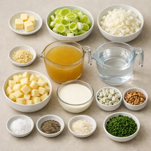 Ingredients for Leek and Potato Soup with Blue Cheese and Walnuts