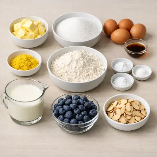 Ingredients for Lemon Blueberry Almond Pound Cake