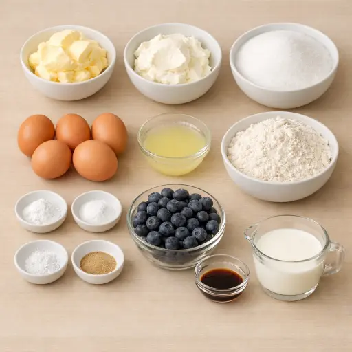 Ingredients for Lemon Blueberry Cream Cheese Pound Cake