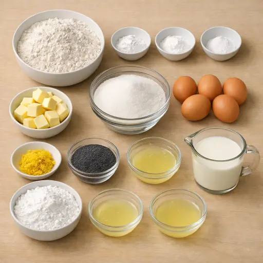 Ingredients for Lemon Glaze Poppy Seed Bundt Cake