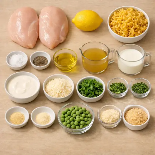Ingredients for Lemon Herb Chicken and Noodle Casserole