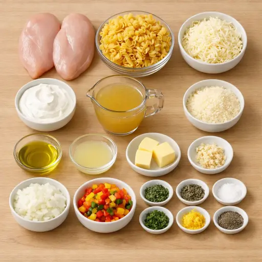Ingredients for Lemon Herb Chicken Noodle Casserole