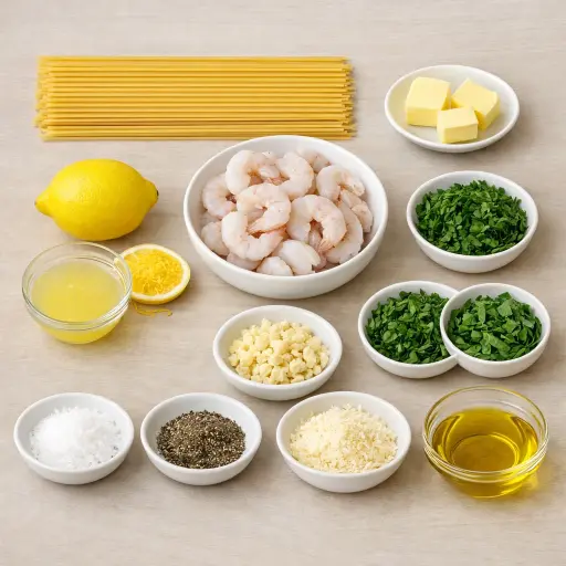 Ingredients for Lemon Herb Garlic Shrimp Pasta