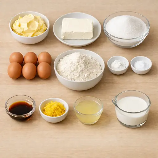 Ingredients for Lemon Zest Cream Cheese Pound Cake