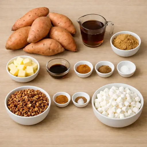 Ingredients for Maple-Pecan Candied Sweet Potato Casserole