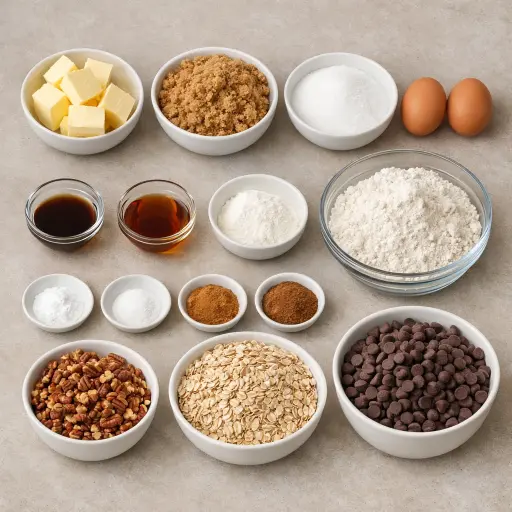 Ingredients for Maple Pecan Oatmeal Chocolate Chip Cookies