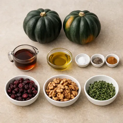 Ingredients for Maple Roasted Acorn Squash with Cranberries and Walnuts