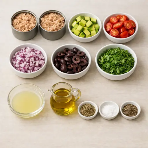 Ingredients for Mediterranean Avocado Tuna Salad