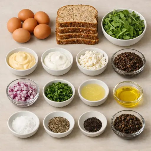 Ingredients for Mediterranean Egg Salad Sandwich with Feta and Olive Tapenade