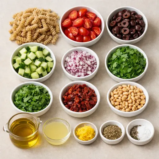 Ingredients for Mediterranean Quinoa Pasta Salad