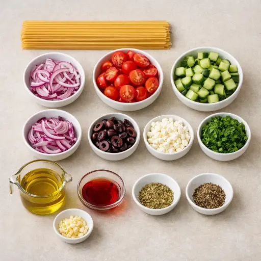 Ingredients for Mediterranean Spaghetti Pasta Salad