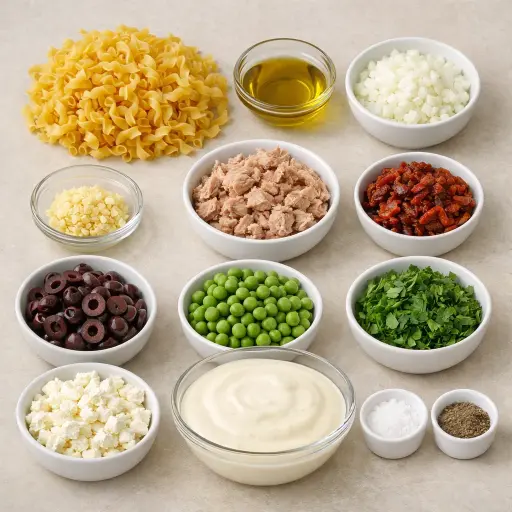 Ingredients for Mediterranean Tuna Noodle Casserole