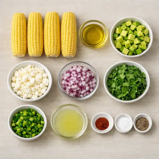 Ingredients for Mexican Street Corn Salad with Avocado and Feta