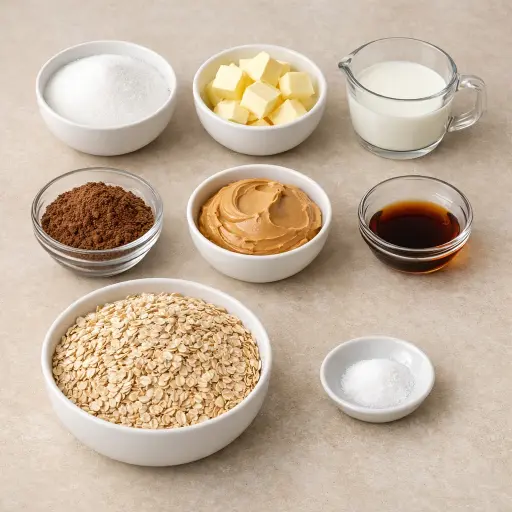 Ingredients for No-Bake Peanut Butter Chocolate Oat Cookies