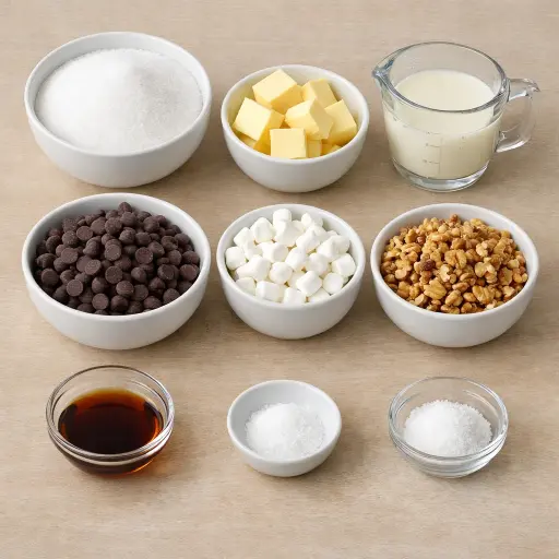 Ingredients for Nutty Chocolate-Marshmallow Fudge