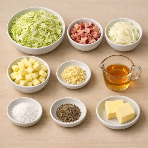 Ingredients for Old-Fashioned Fried Cabbage with Bacon and Apples