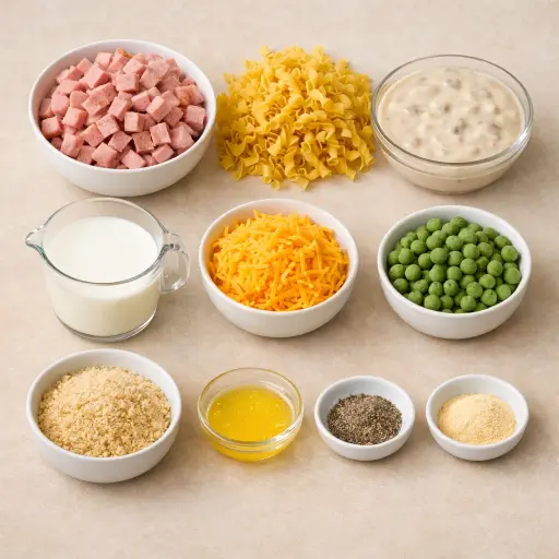 Ingredients for Old-Fashioned Ham and Noodle Bake