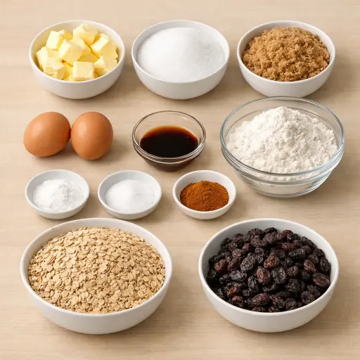 Ingredients for Old-Fashioned Oatmeal Raisin Cookies