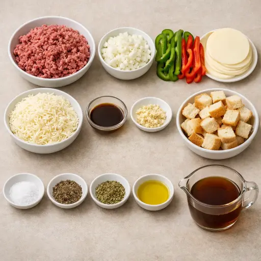 Ingredients for Philly Cheesesteak Casserole with Bell Peppers
