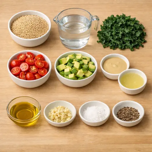 Ingredients for Quinoa and Kale Salad with Lemon-Tahini Dressing
